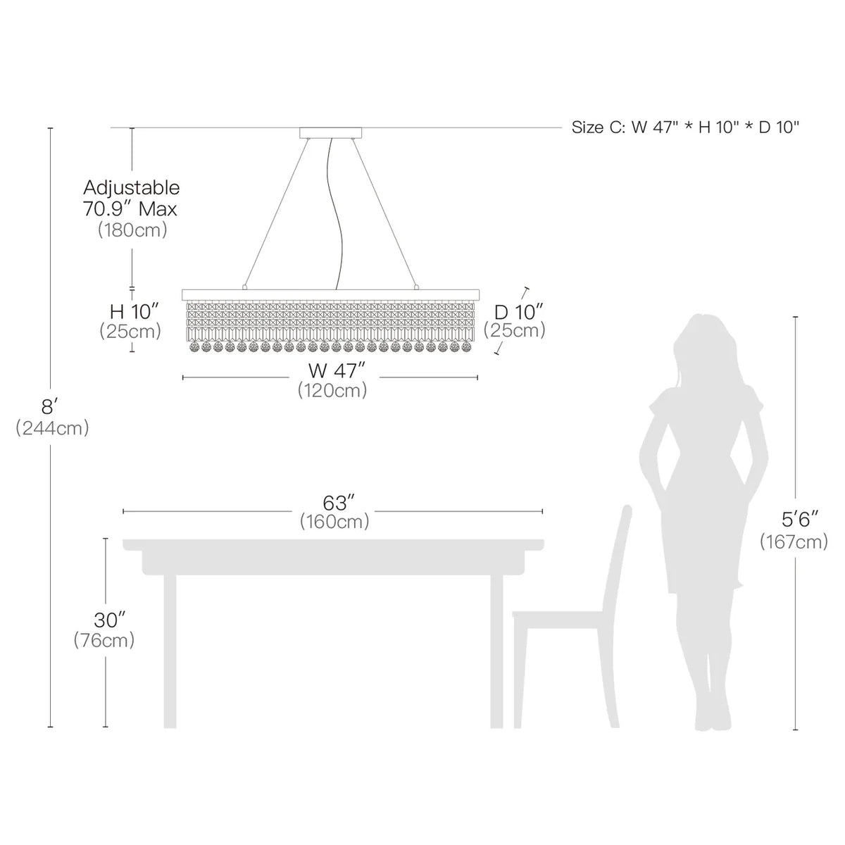 Crystal Kitchen Rectangle Chandelier 47"