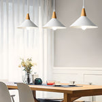 White 1-Light Nordic Metal Cone Pendant Light with Wood Top