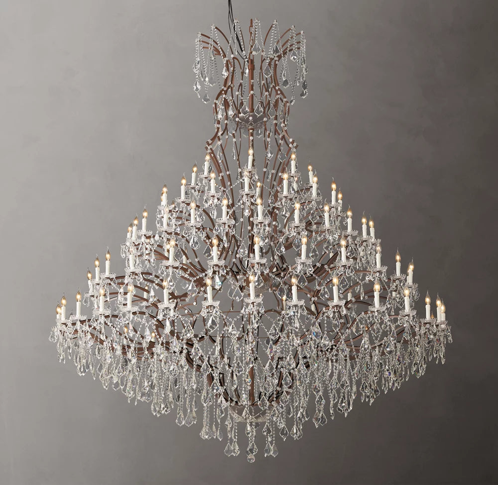 19th C. Rococo Iron & Crystal Round Chandelier 101"