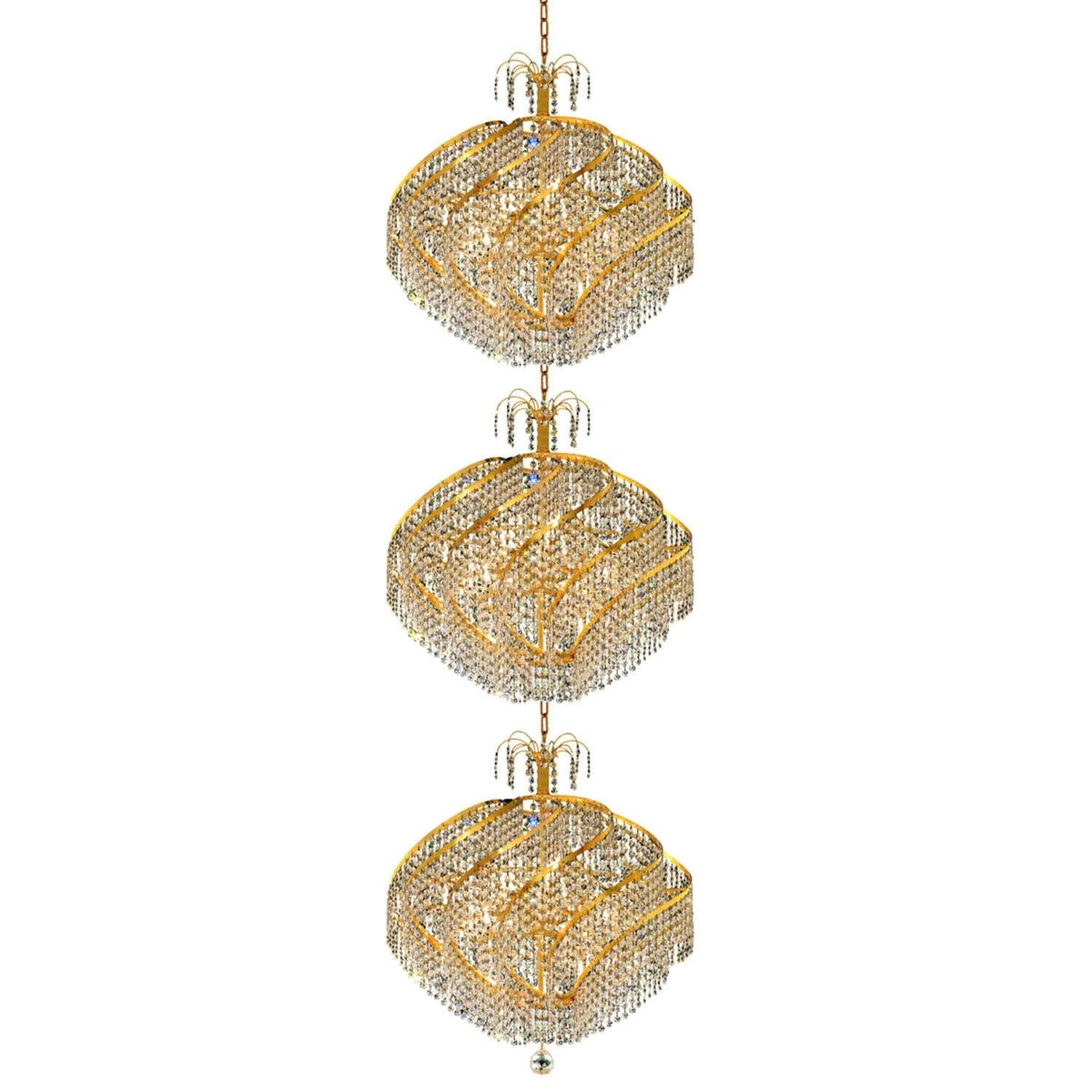 Spiral Gold Forty-Five Light 26-Inch Three-Tier Pendant with Royal Cut Clear Crystal
