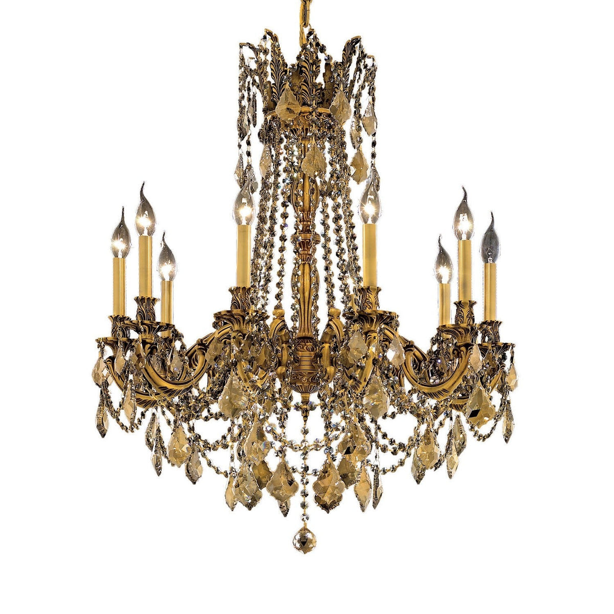 French Gold Ten-Light 28-Inch Chandelier with Royal Cut Golden Teak Smoky Crystal