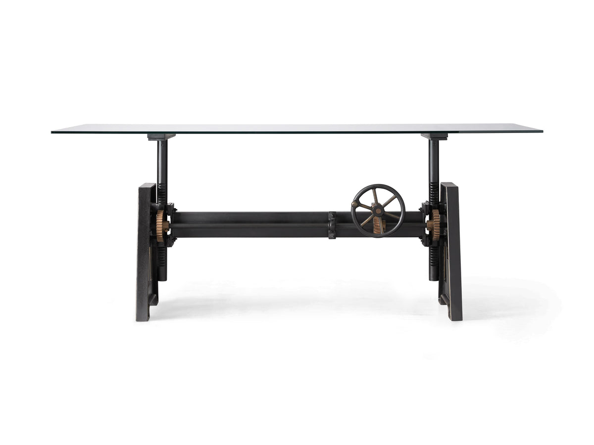 Industrial Crank Desk with Glass Top and Large Black Rubbed Copper Base