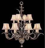 12-Light Chandelier in Cool Moonlit Patina Finish with Hand Sewn, Silk Shantung Shades