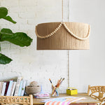 Round Twine Rope Wood Beads Tassels Boho Style Chandelier Pendant Lamp