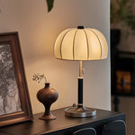 Retro Brass Dome Fabric Table Lamp Pull Chain Bedroom Lamp