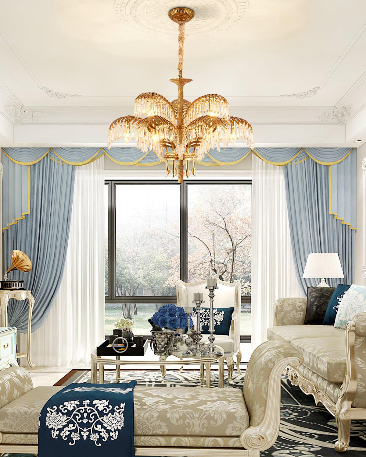 Brass Palm Leaf Crystal Chandelier 27.6"