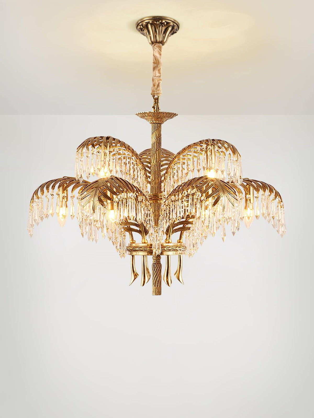 Brass Palm Leaf Crystal Chandelier 27.6"