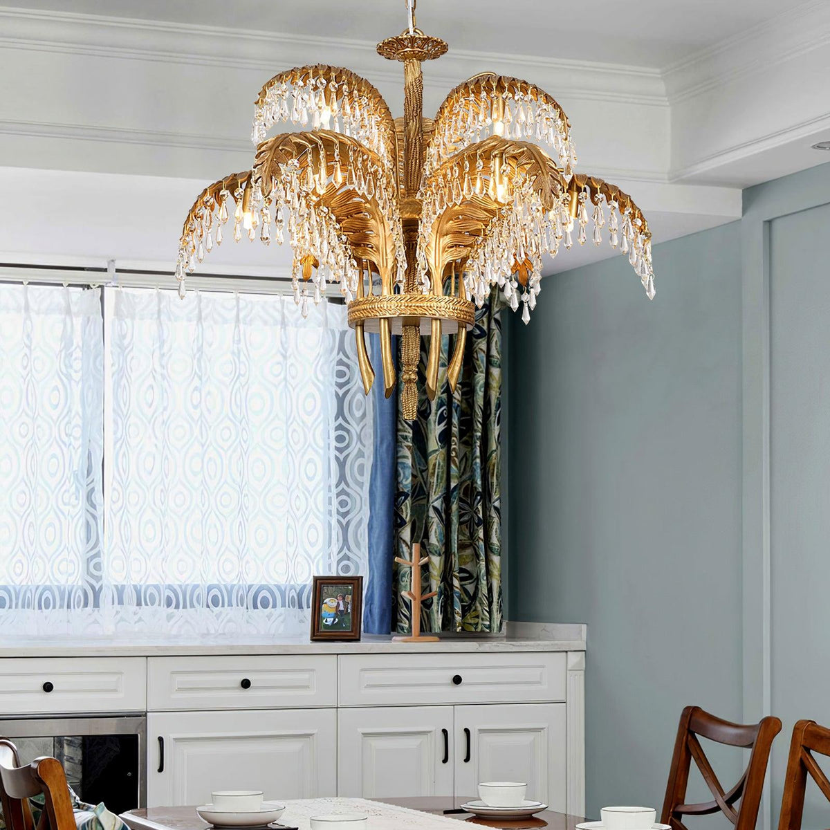 Brass Palm Leaf Crystal Chandelier 27.6"