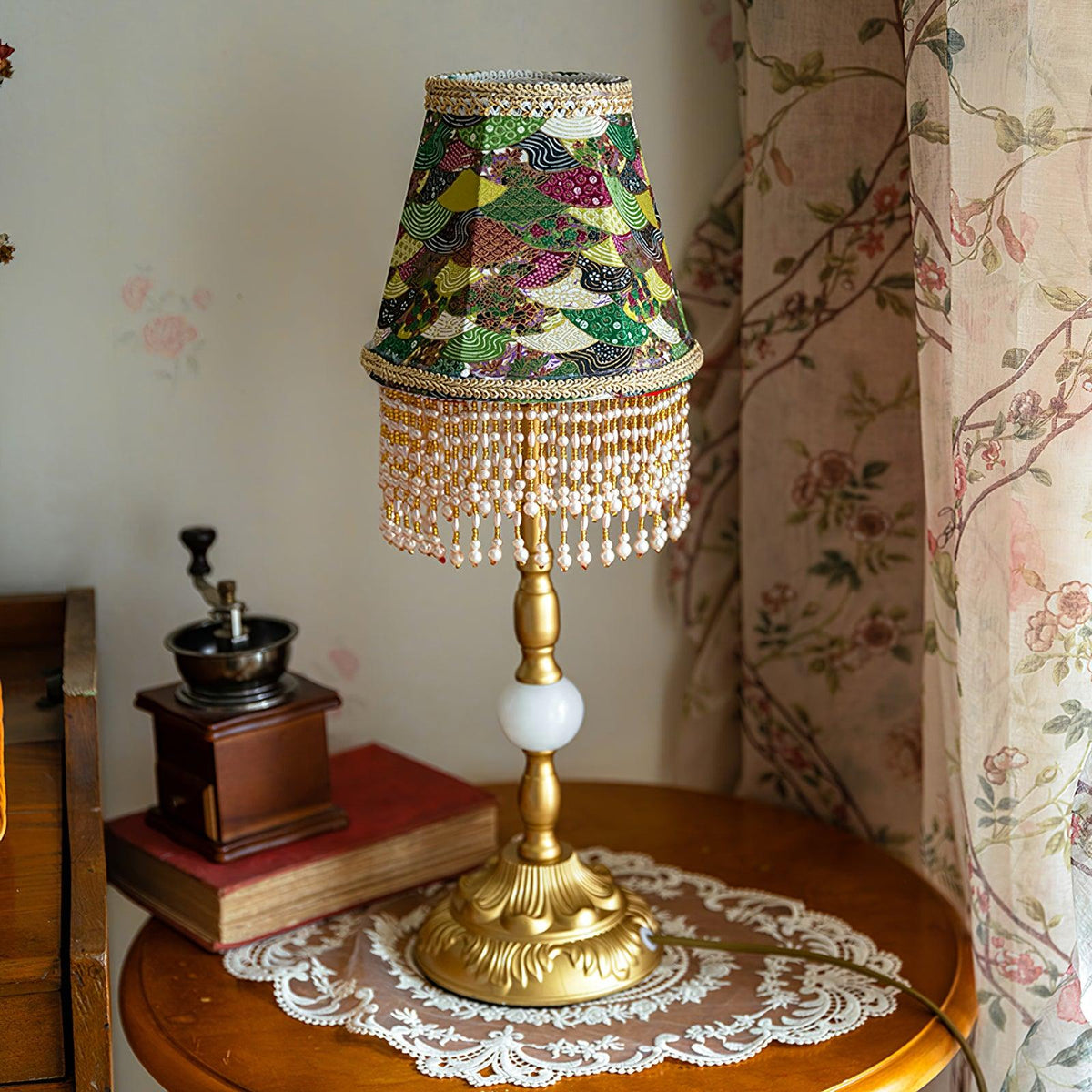 Edwardian Table Lamp with Appliquéd Beaded Shade 7.1"