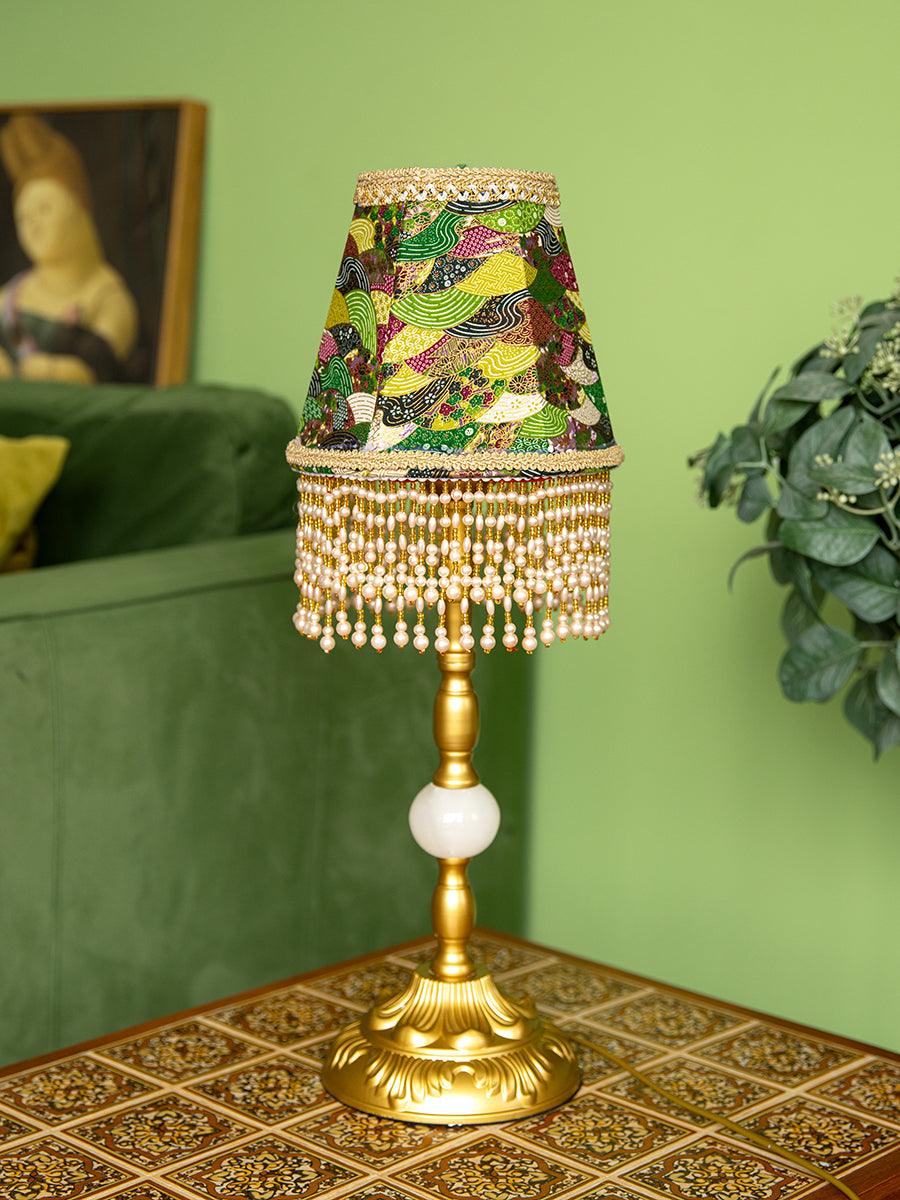 Edwardian Table Lamp with Appliquéd Beaded Shade 7.1"