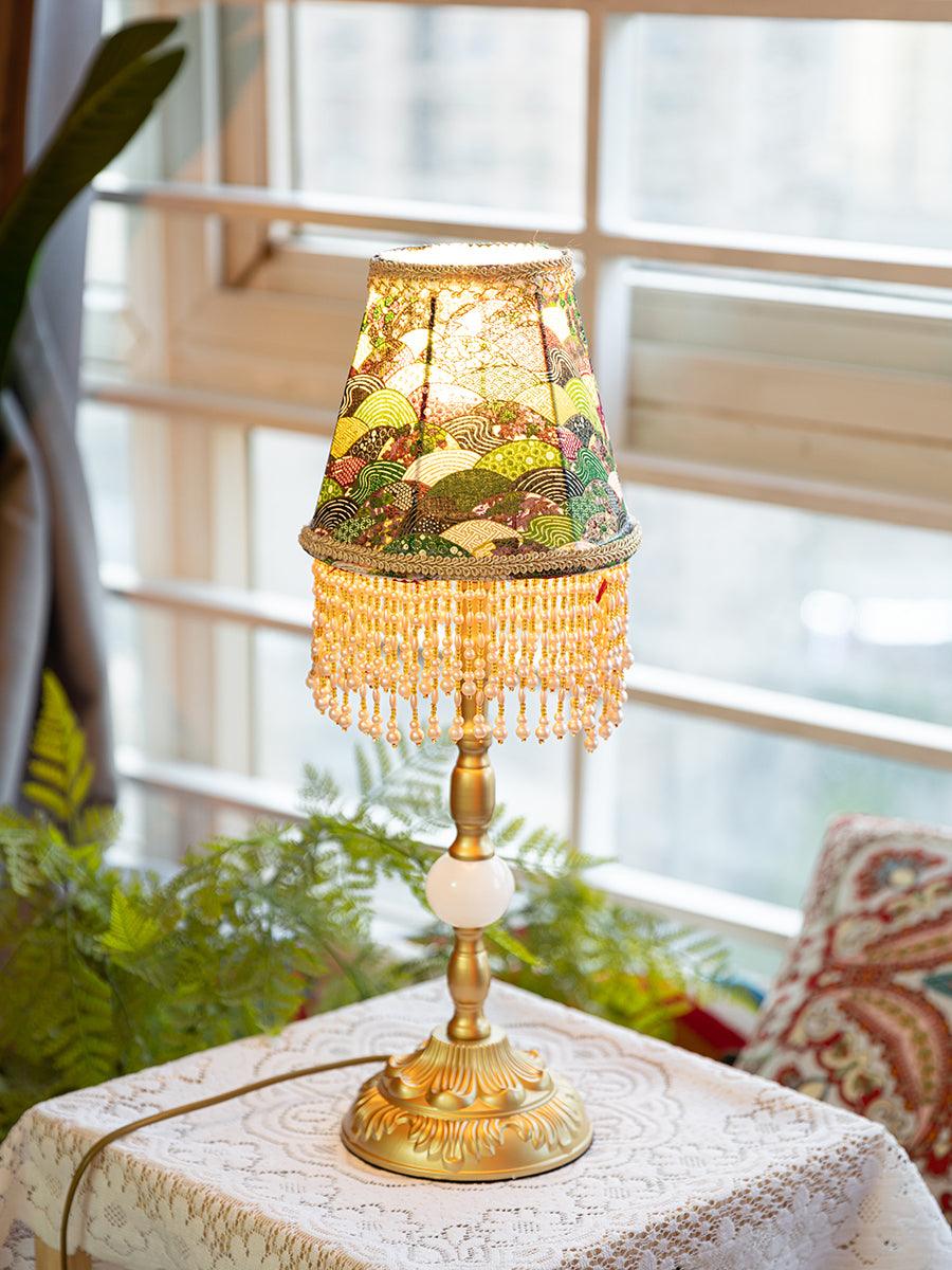 Edwardian Table Lamp with Appliquéd Beaded Shade 7.1"