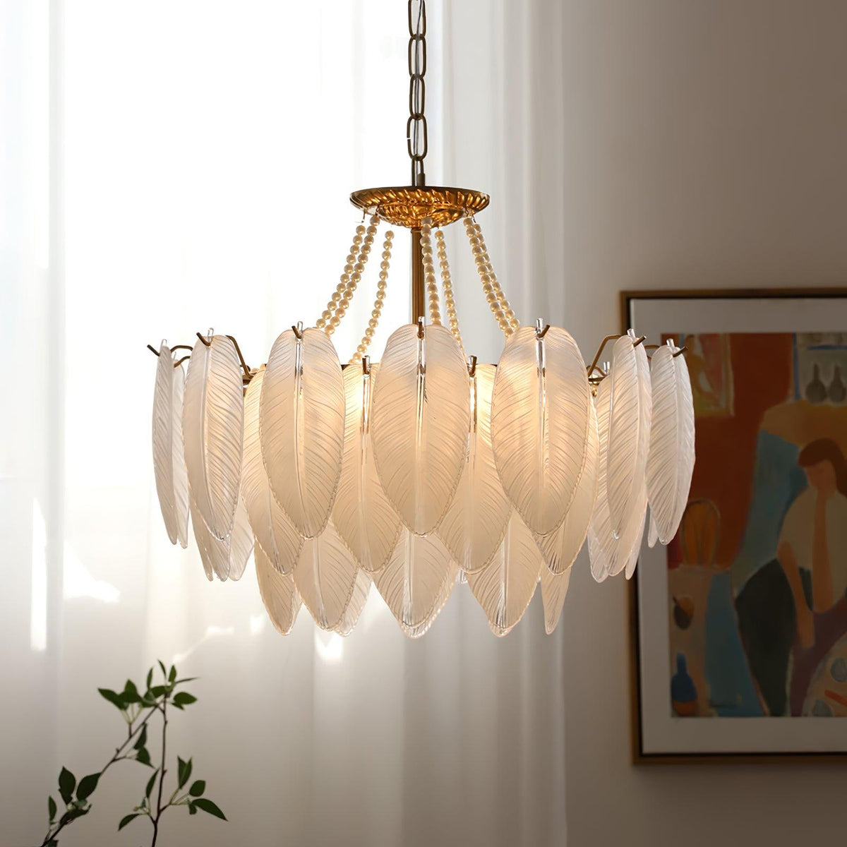 Glass Feather Pearl Chandelier