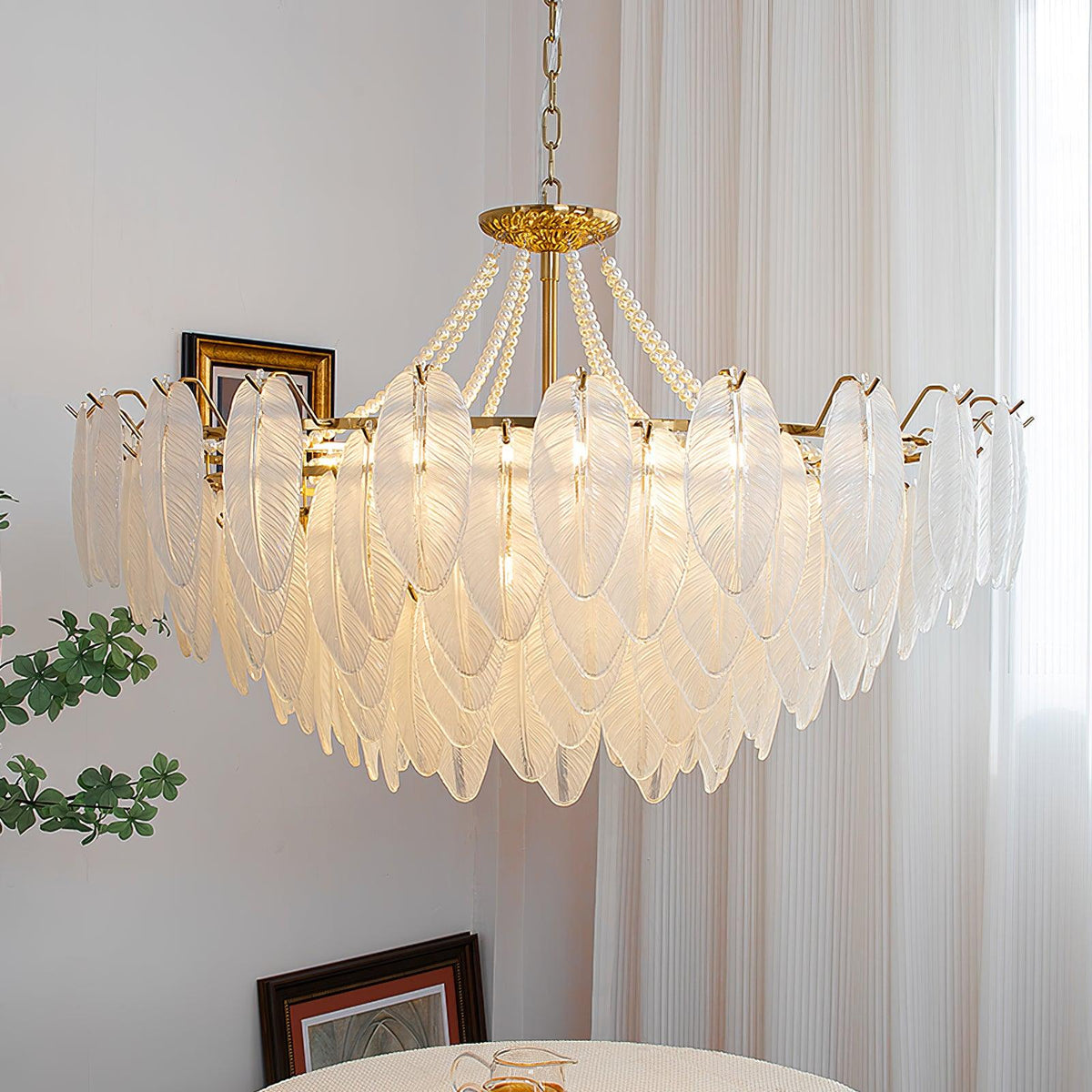 Glass Feather Pearl Chandelier