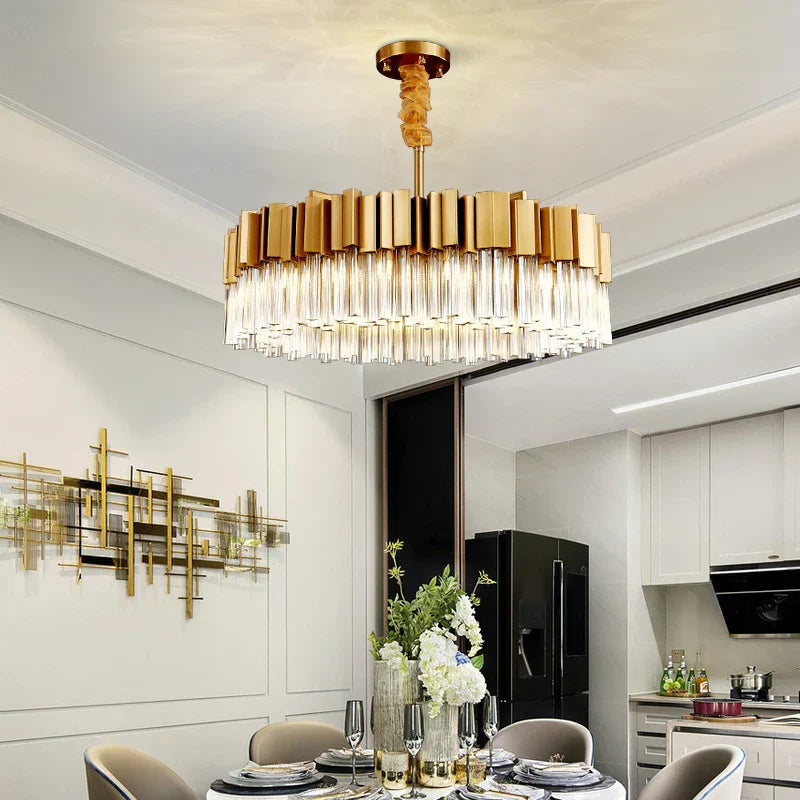Golden Stainless Steel Crystal Chandelier for Elegant Foyer Lighting