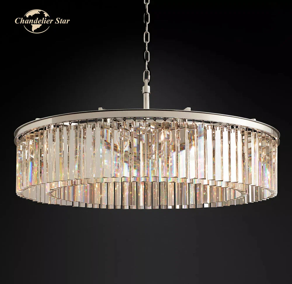 Modern LED Crystal Chandelier Chrome Black Metal Odeon Round Lamp