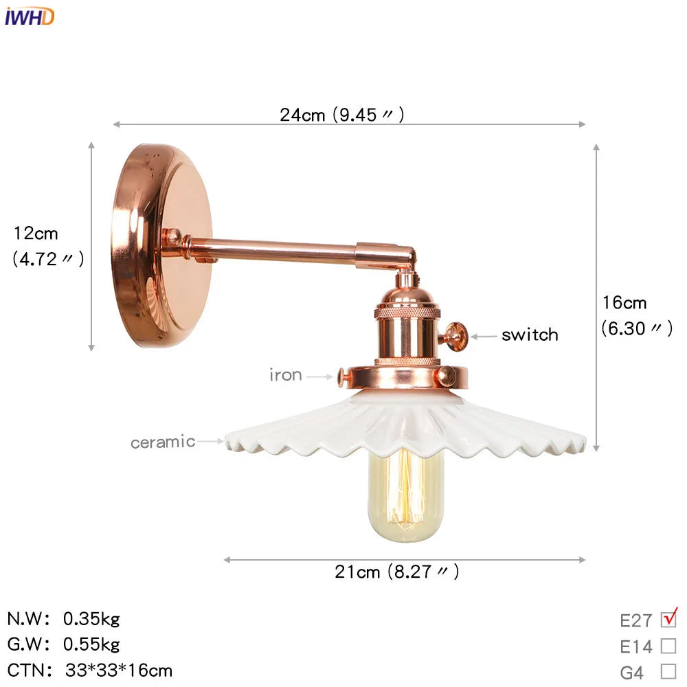 White Ceramic LED Wall Sconce Switch Rose Gold Color Wall Lamp