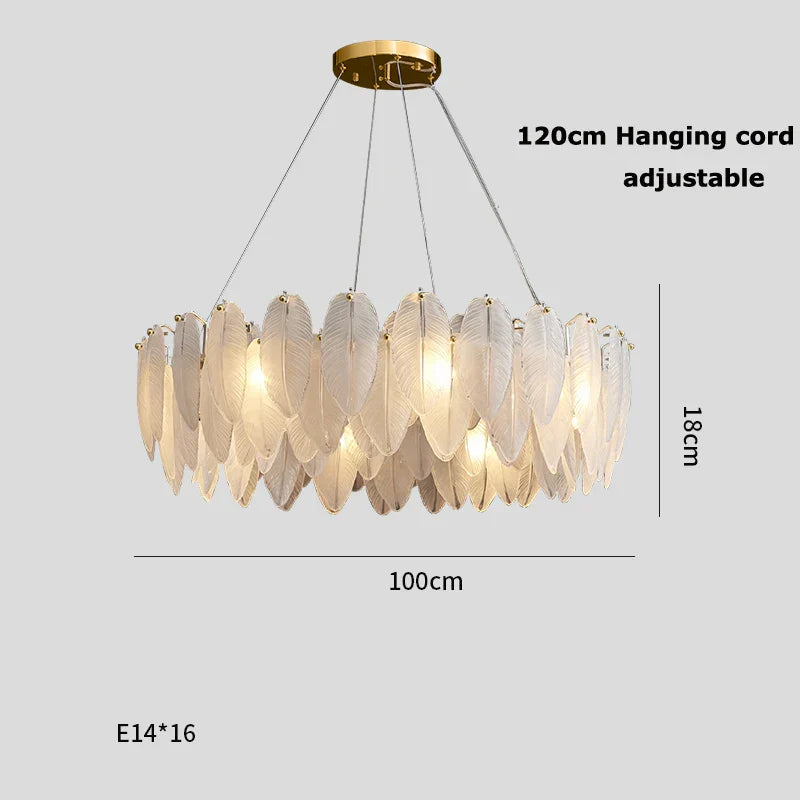 White Glass Feather LED Chandelier - Designer Oval Goose Feather Lighting