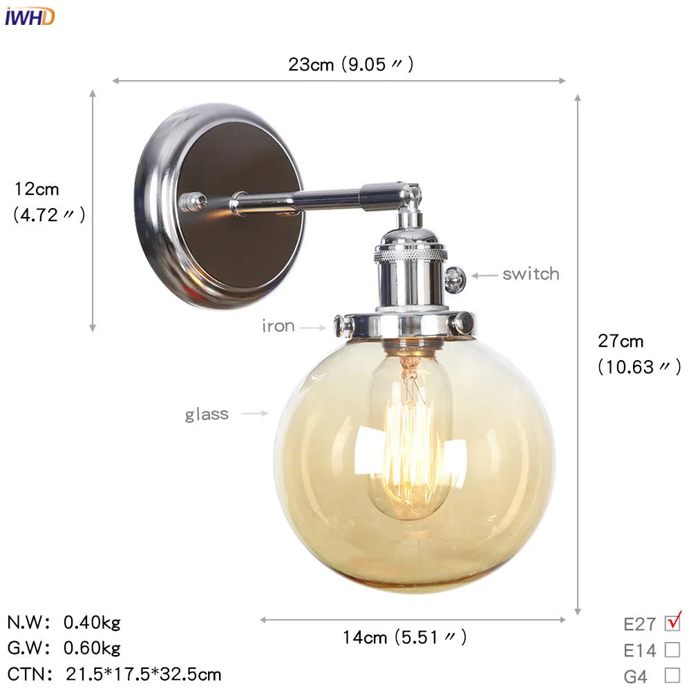 Modern Amber Glass Ball LED Wall Lamp for Home Bedroom Stair Mirror