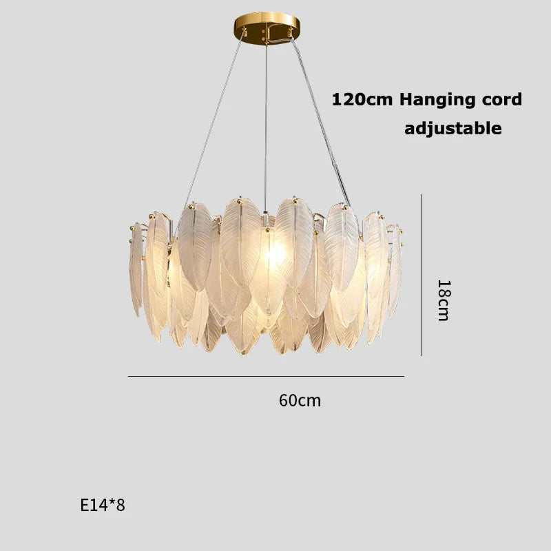 White Glass Feather LED Chandelier - Designer Oval Goose Feather Lighting