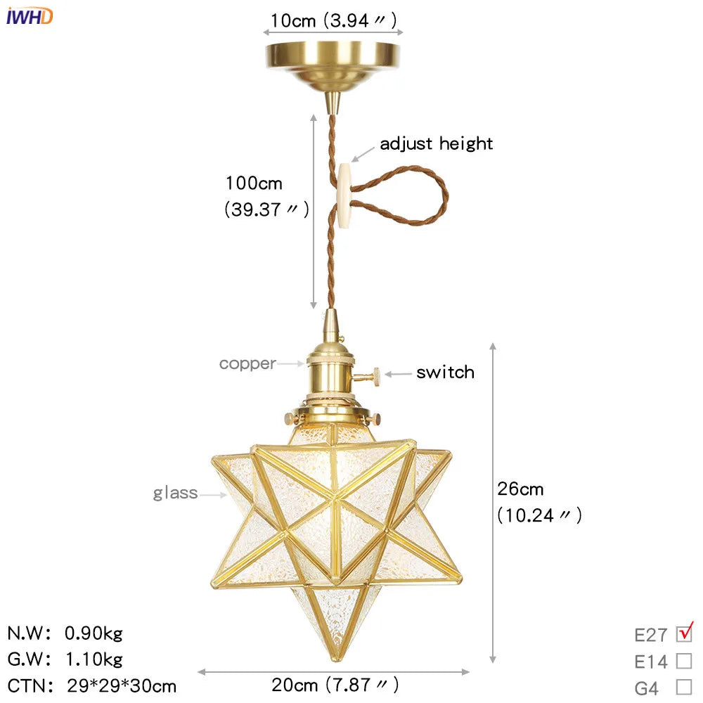 Glass Copper LED Pendant Light for Kitchen Cafe Living Room