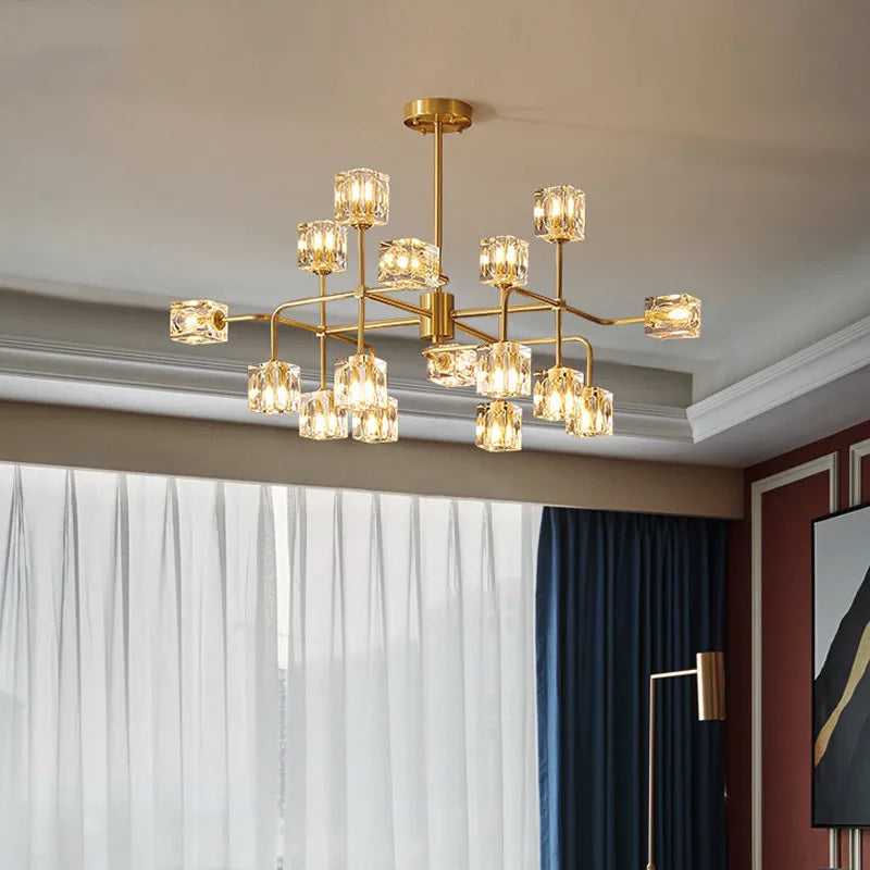 Square Crystal Chandelier Artistic Branches Luxury Gold Light Fixtures Living Room Kitchen Lighting