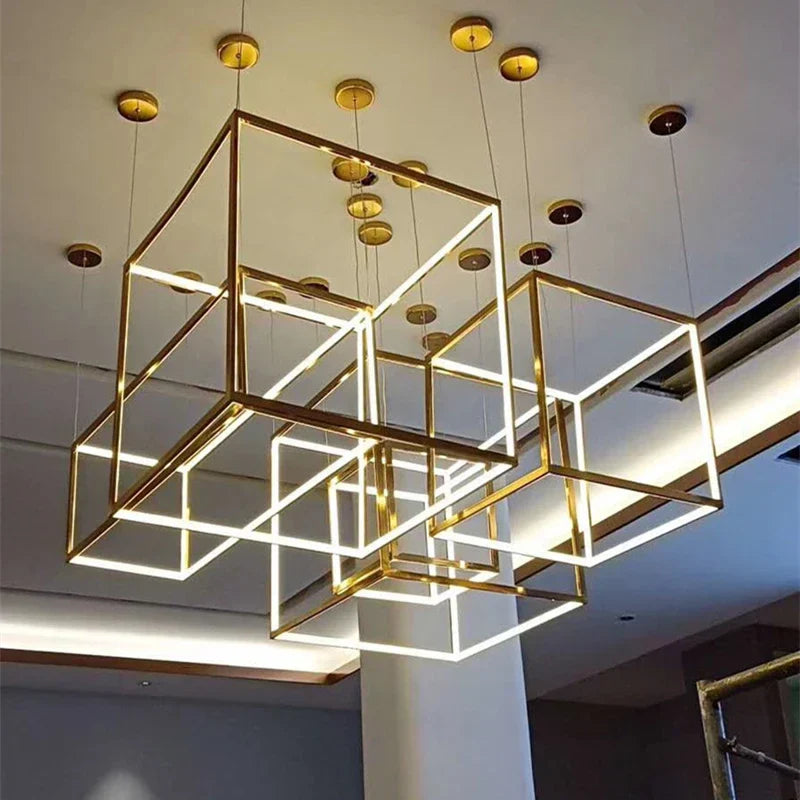 Luxury Golden Square LED Chandelier | Modern Art Design for Living Room Lobby