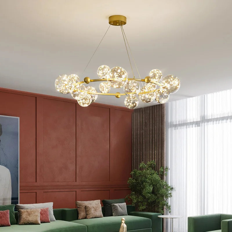 Golden Ring Glass Ball Chandelier with Remote Control for Living Dining Room