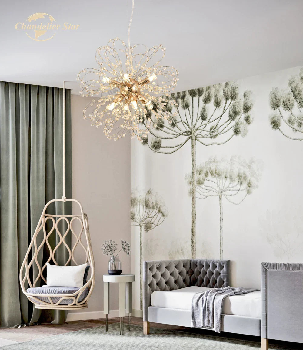 Nordic Dandelion Crystal LED Chandelier: Modern Sunflowers Pendant Light for Bedroom & Living Room