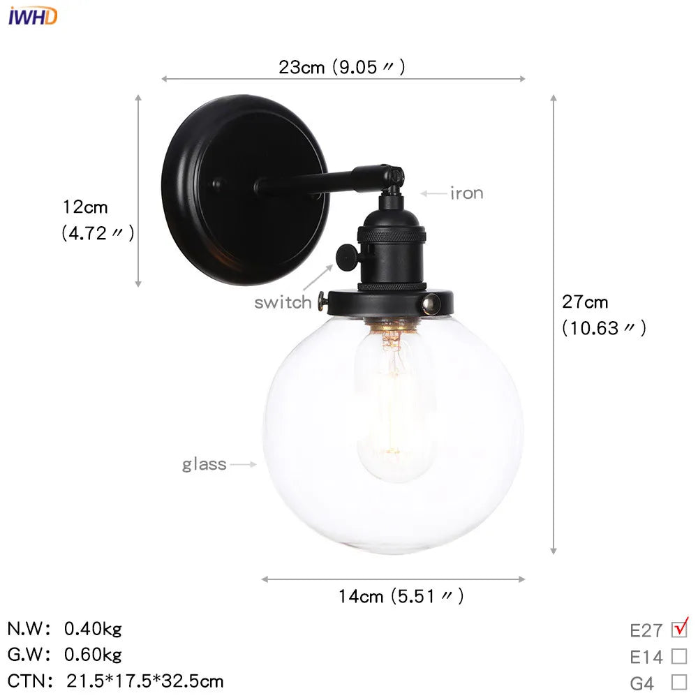 Glass Ball Wall Light Switch Hallway Bathroom Mirror Stair Black Wall Sconce
