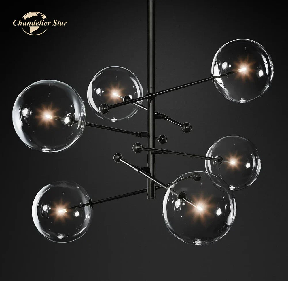 Modern Black Brass Chandelier Clear Glass Globe Island Pendant Lights
