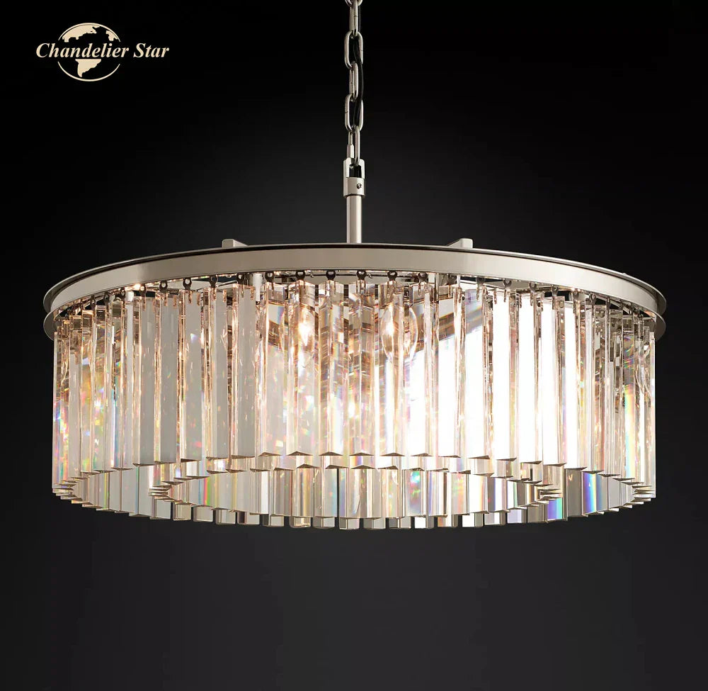 Modern LED Crystal Chandelier Chrome Black Metal Odeon Round Lamp