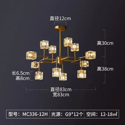 Square Crystal Chandelier Artistic Branches Luxury Gold Light Fixtures Living Room Kitchen Lighting