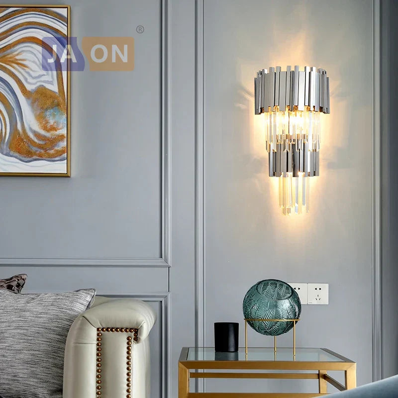 Crystal Golden LED Wall Sconce Stainless Steel Postmodern Art Deco Wall Light