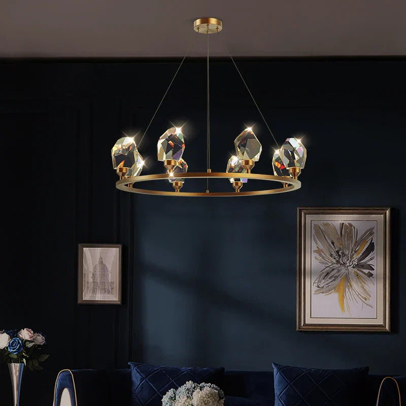 Crystal Copper Round Chandelier: Elegant LED Suspension Lamp for Dinning Room