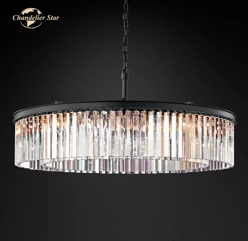 Modern LED Crystal Chandelier Chrome Black Metal Odeon Round Lamp