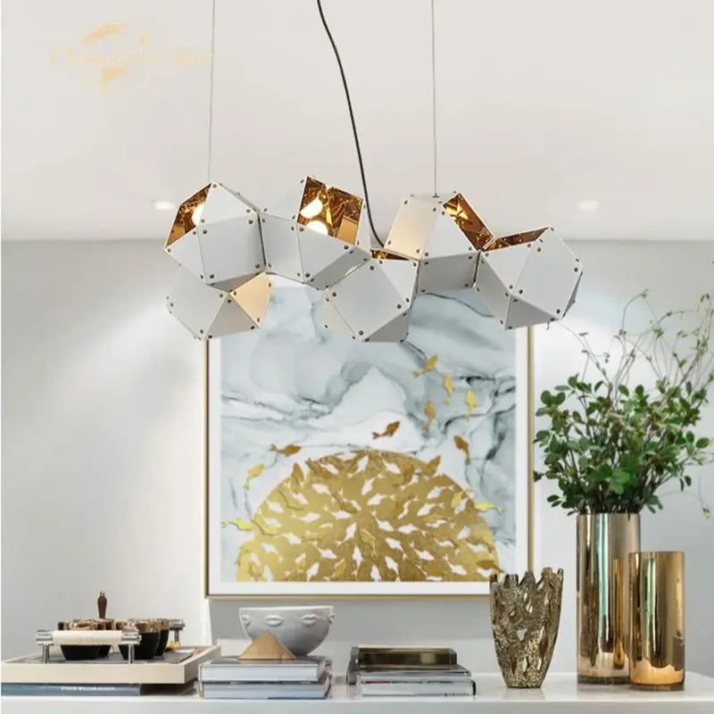 White Metal Geometric LED Chandelier for Bedroom and Living Room