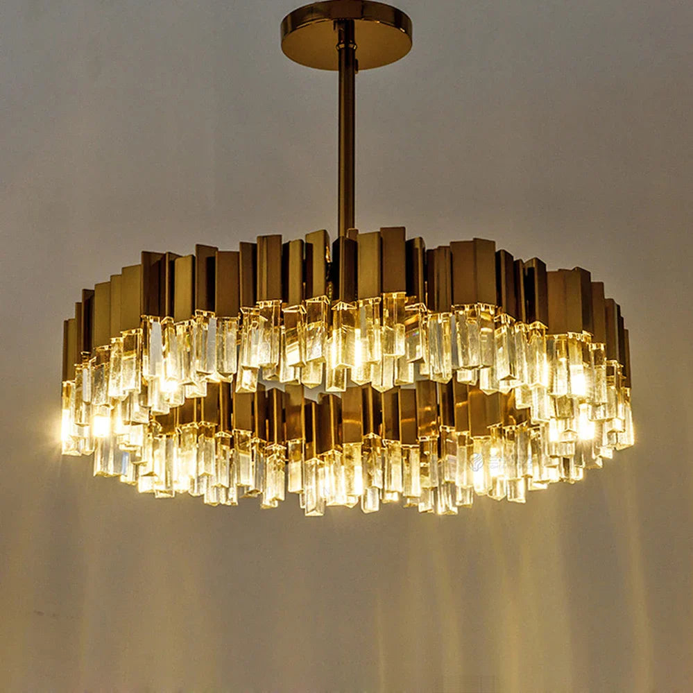 Golden Stainless Steel Crystal Chandelier for Elegant Foyer Lighting