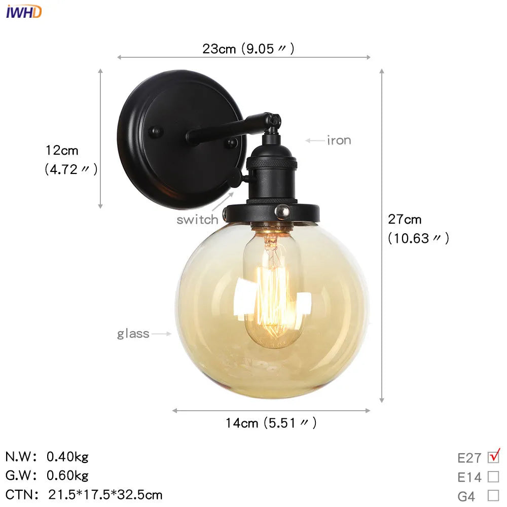Glass Ball Wall Light Switch Hallway Bathroom Mirror Stair Black Wall Sconce