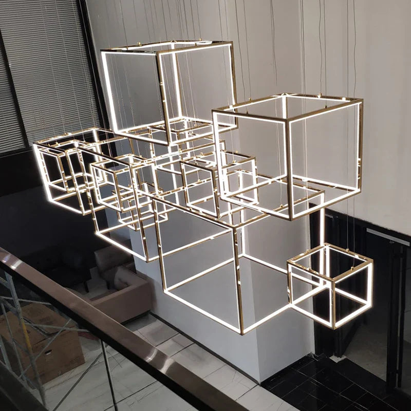 Luxury Golden Square LED Chandelier | Modern Art Design for Living Room Lobby
