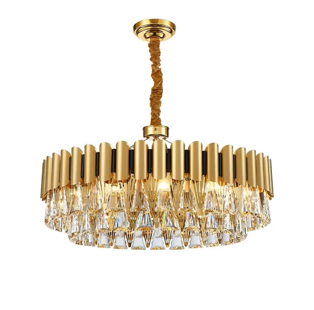Golden Stainless Steel Crystal Chandelier | LED Round Oval Lustre Fixture