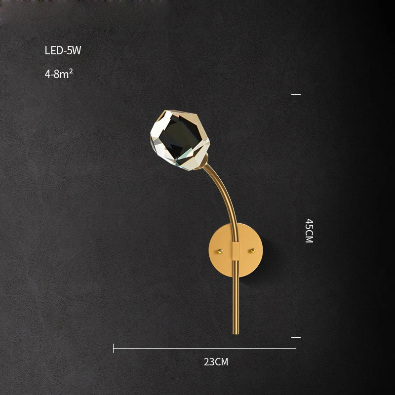 Black Gold Copper Crystal LED Wall Sconce Light for Bedroom Corridor