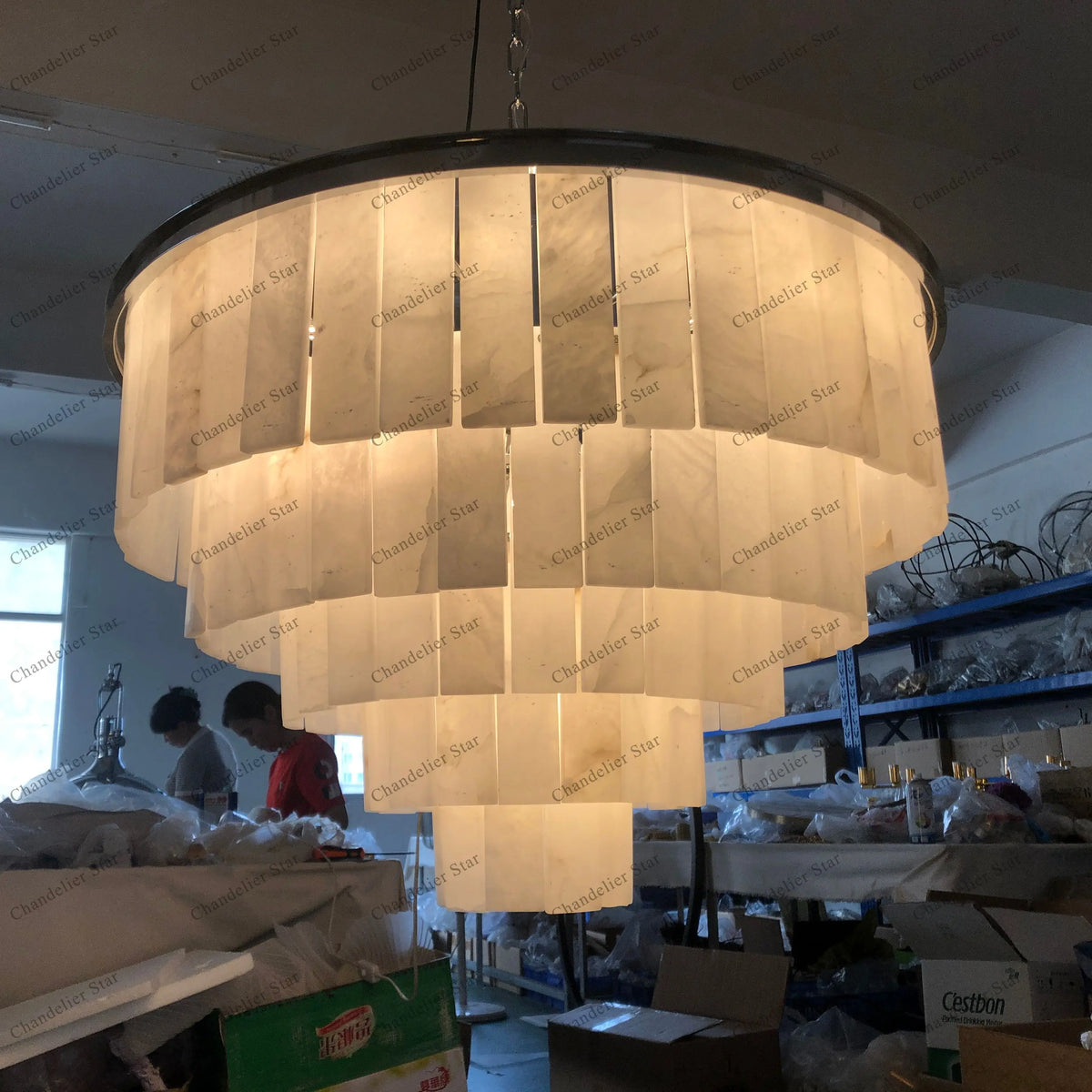 LED Round Glace Calcite Chandelier for Dining Room - Contemporary Crystal Hanging Lamp