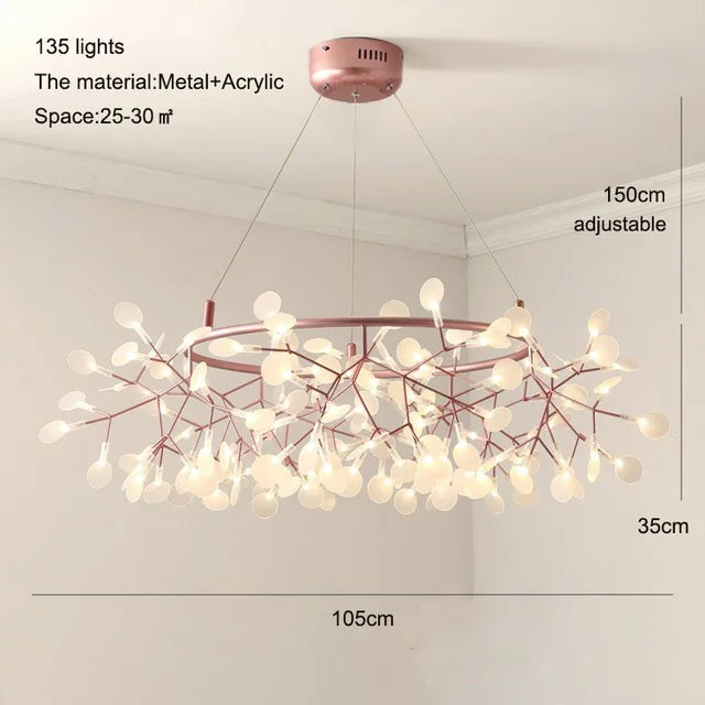 Heracleum Chandeliers: Modern Black/Rose Gold Round Firefly Lamp Branch Design