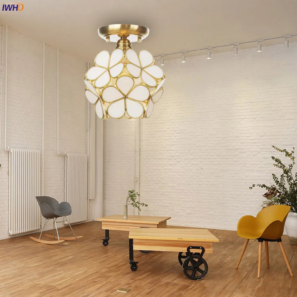 White Glass LED Ceiling Light Fixture, Nordic Modern Copper Ceiling Lamp