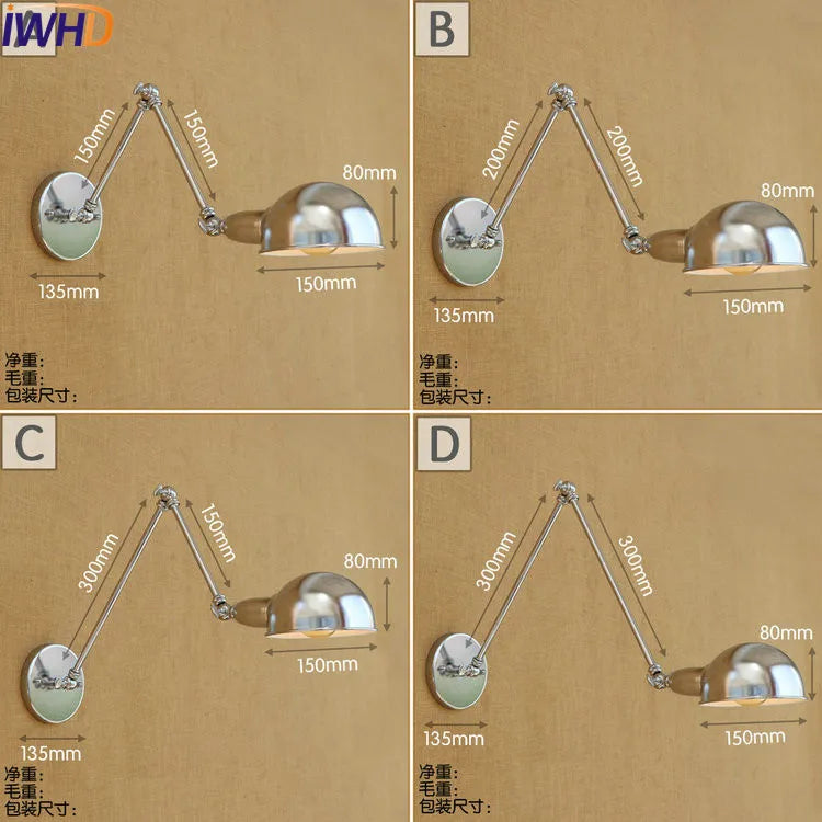 Silver Retro Vintage Swing Long Arm Wall Light LED Sconce Industrial Lighting