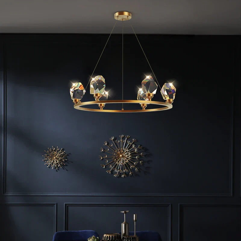 Crystal Copper Round Chandelier: Elegant LED Suspension Lamp for Dinning Room