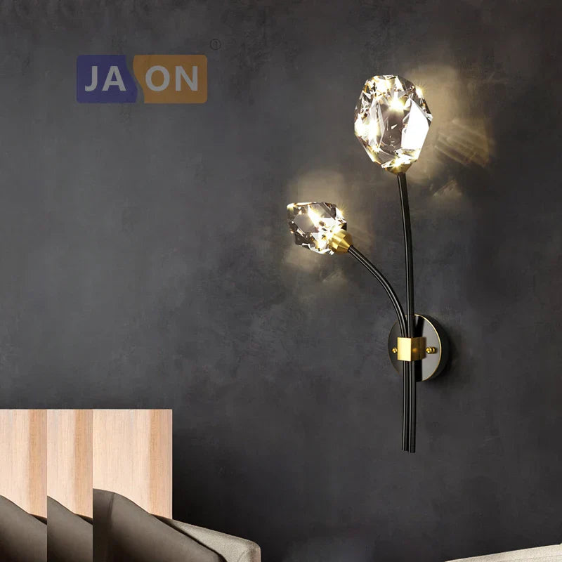 Black Gold Copper Crystal LED Wall Sconce Light for Bedroom Corridor