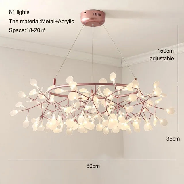 Heracleum Chandeliers: Modern Black/Rose Gold Round Firefly Lamp Branch Design