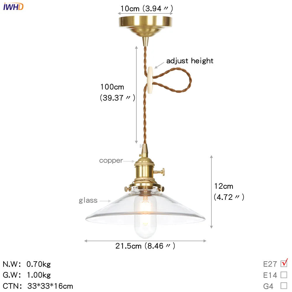 Glass Copper LED Pendant Light for Kitchen Cafe Living Room