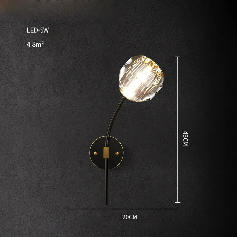 Black Gold Copper Crystal LED Wall Sconce Light for Bedroom Corridor